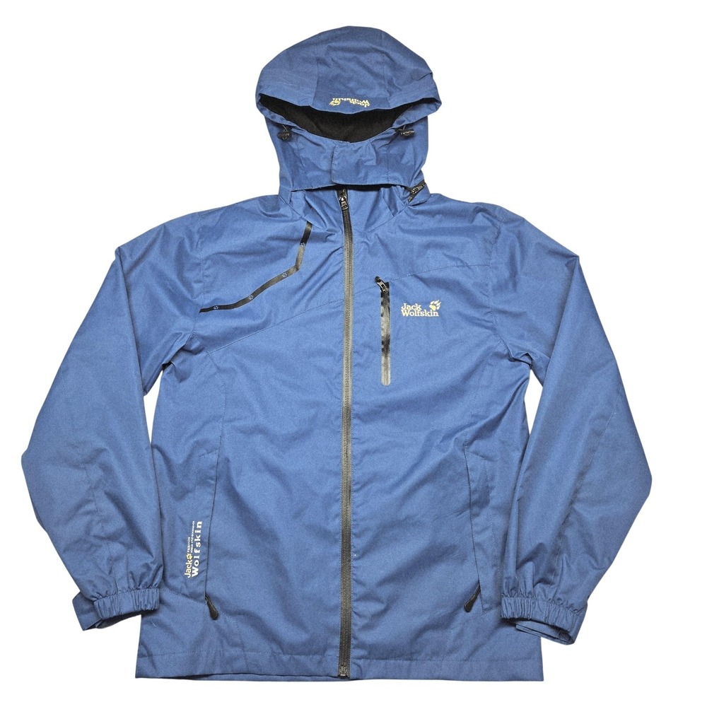 Jack Wolfskin Jacket Mens Large Blue Hooded Windbreaker Full Zip Hiking Shell